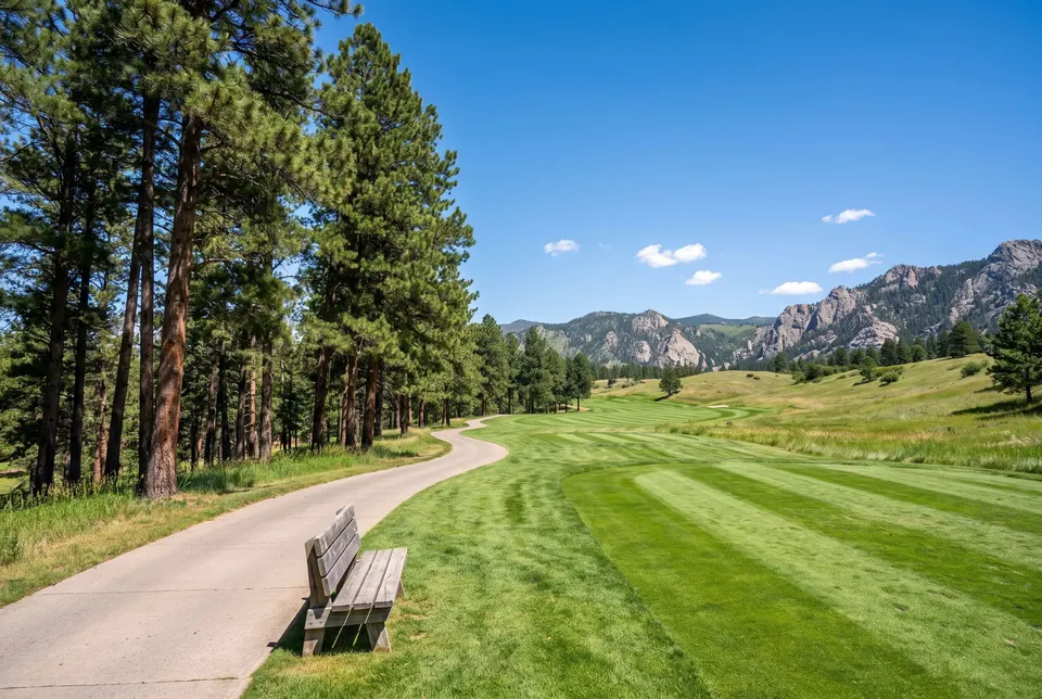 A paved golf cart path curving between tall pines beside a striped fairway, a wooden bench at the edge, rocky mountains under a blue sky.